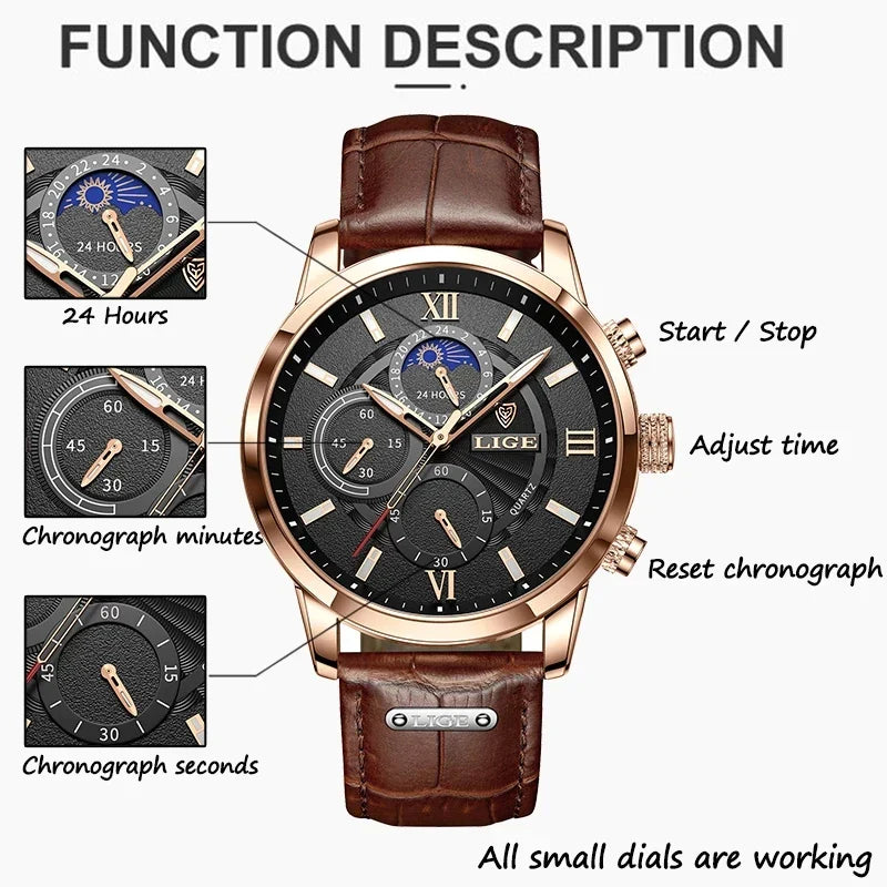 Herren Chronograph – Luxus Quarz-Armbanduhr mit Mondphase & Lederarmband | Sportlich & Elegant | 3ATM Wasserdicht