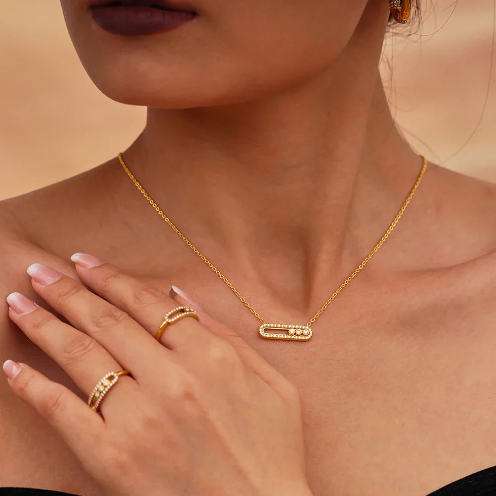 Stainless Steel 18K Chain Gold Color Luxury Necklace Shiny Zirconia Hollow Pendant Necklace Ring Jewelry Set Gift