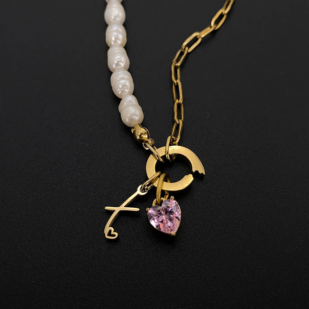 eManco Natural Freshwater Pearl Heart Stainless Steel Cubic Zirconia Pendant Necklace Aesthetic Luxury Chain Jewelry Gift – Halskette