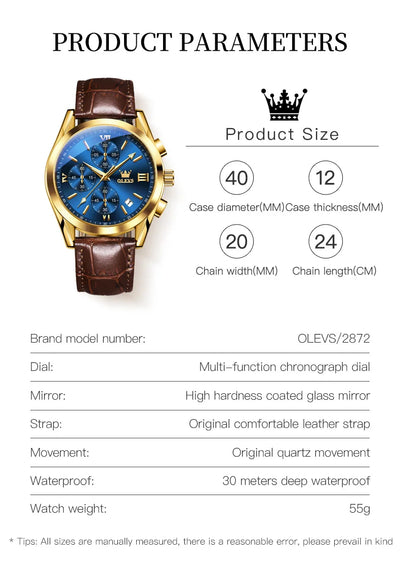 OLEVS Sport Quarz Chronograph Uhr für Herren, Wasserdicht mit Luminous Zeigern, Auto Date, Lederarmband