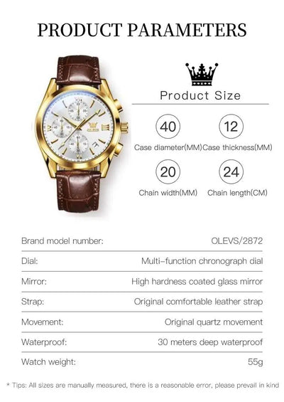 OLEVS Sport Quarz Chronograph Uhr für Herren, Wasserdicht mit Luminous Zeigern, Auto Date, Lederarmband