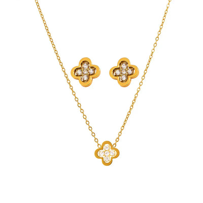 Liora Exquisite Luck Clover Zircon Stainless Steel Drop Pendant Chain Necklaces Stud Earrings Charm Wedding Jewelry