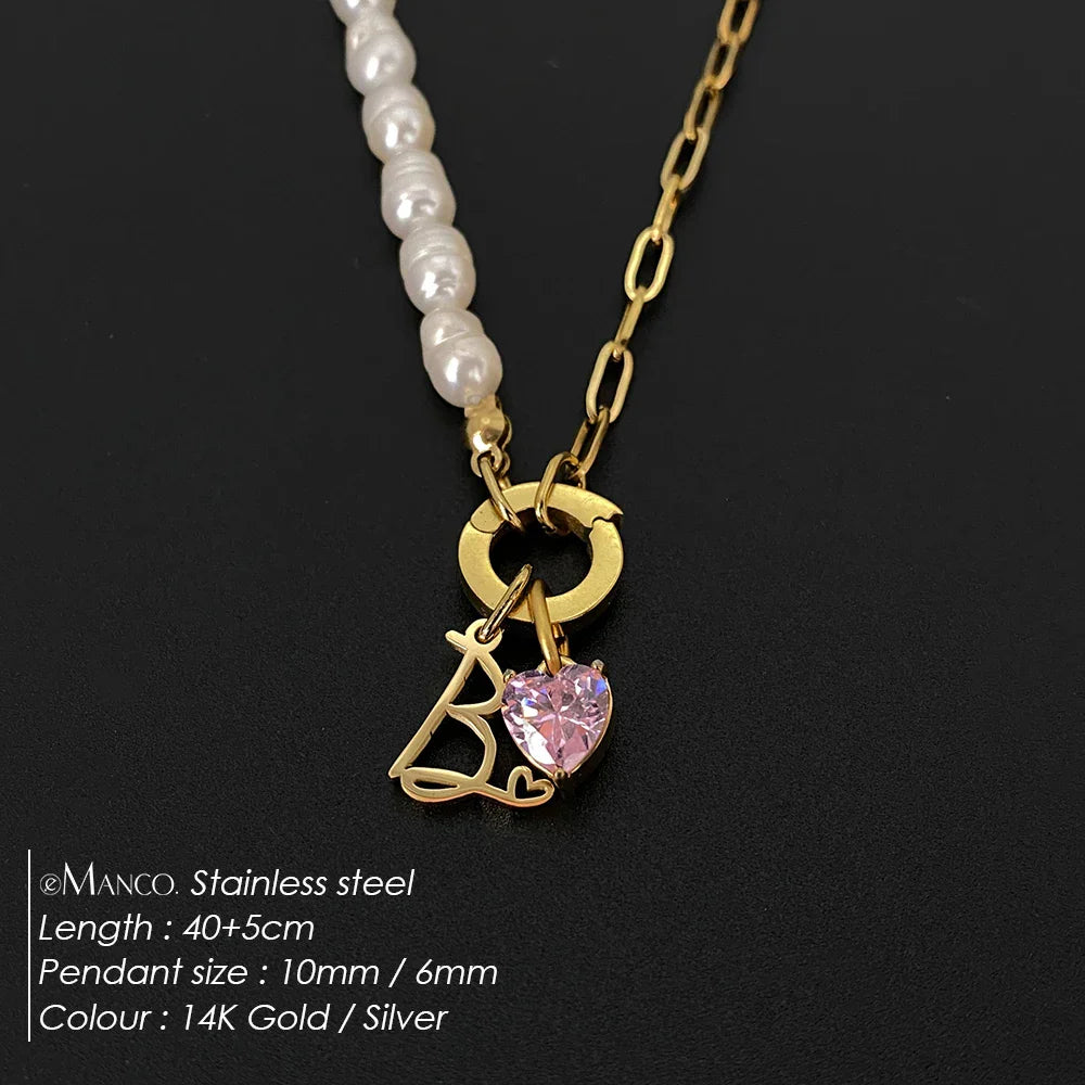 eManco Natural Freshwater Pearl Heart Stainless Steel Cubic Zirconia Pendant Necklace Aesthetic Luxury Chain Jewelry Gift – Halskette