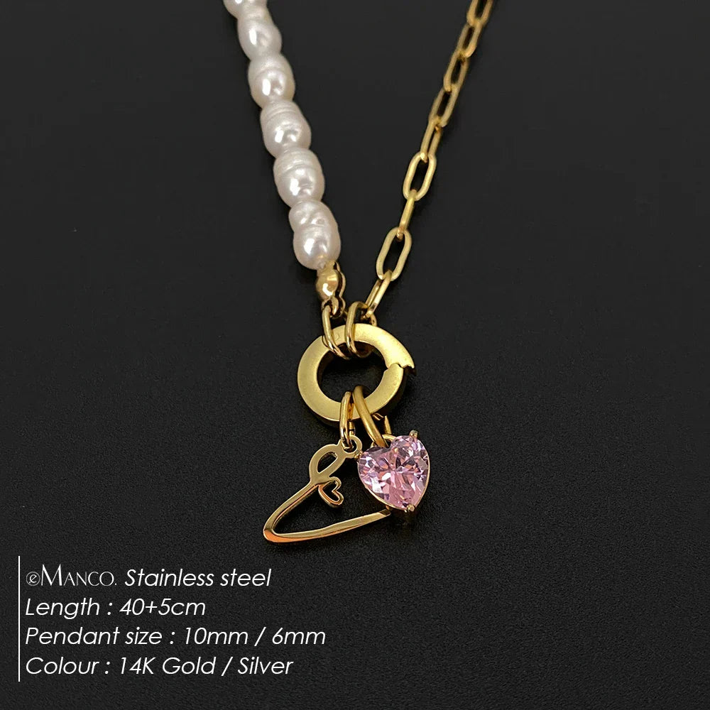 eManco Natural Freshwater Pearl Heart Stainless Steel Cubic Zirconia Pendant Necklace Aesthetic Luxury Chain Jewelry Gift – Halskette