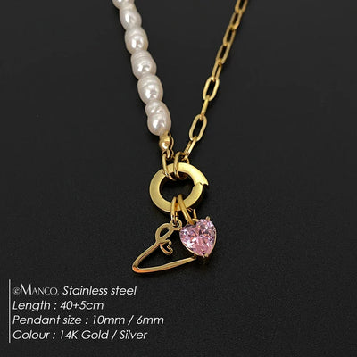 eManco Natural Freshwater Pearl Heart Stainless Steel Cubic Zirconia Pendant Necklace Aesthetic Luxury Chain Jewelry Gift – Halskette