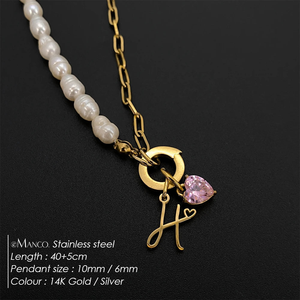 eManco Natural Freshwater Pearl Heart Stainless Steel Cubic Zirconia Pendant Necklace Aesthetic Luxury Chain Jewelry Gift – Halskette