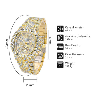 Luxus "Iced Out" Quarz-Armbanduhr für Herren – Edelstahl, Stoßfest, Wasserdicht