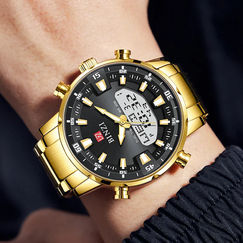 Luxus Herren-Armbanduhr 2025 – Goldene Edelstahluhr mit Dual Display | Relogio Masculino