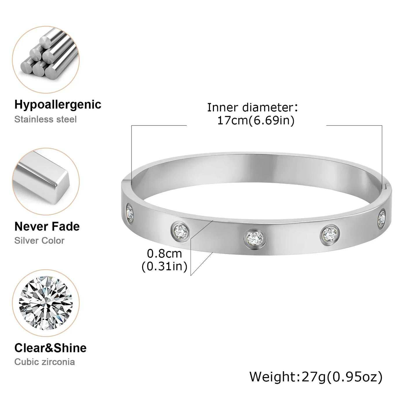 Luxurious Cubic Zircon Openable Bracelet ,Stainless Steel Round Bangle Bracelets,Charm Jewelry Gifts – Armband