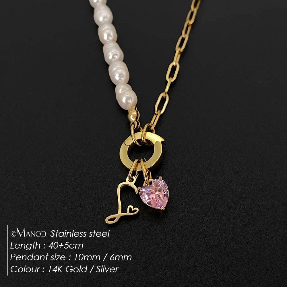 eManco Natural Freshwater Pearl Heart Stainless Steel Cubic Zirconia Pendant Necklace Aesthetic Luxury Chain Jewelry Gift – Halskette