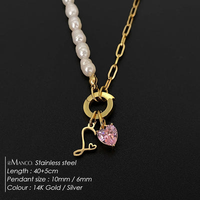 eManco Natural Freshwater Pearl Heart Stainless Steel Cubic Zirconia Pendant Necklace Aesthetic Luxury Chain Jewelry Gift – Halskette