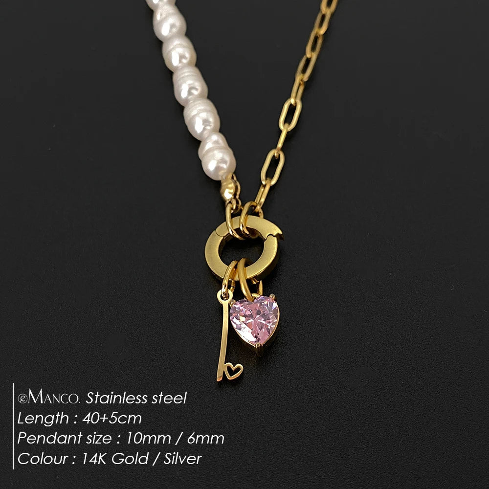 eManco Natural Freshwater Pearl Heart Stainless Steel Cubic Zirconia Pendant Necklace Aesthetic Luxury Chain Jewelry Gift – Halskette