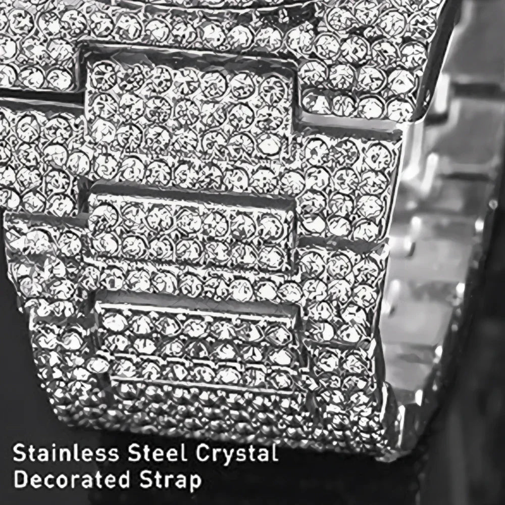 PINTIME Iced Out Quarzuhr für Herren, 3ATM Wasserdicht, Mode Hip Hop Armbanduhr mit CZ Kristallen, Unisex