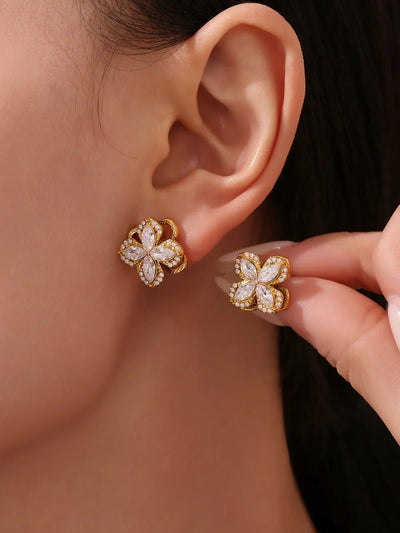 Gorgeous Zircon Necklace Earrings Ring Revolving Flower Pendant Gold Plated Chain Stainless Steel Charm Jewelry Gift