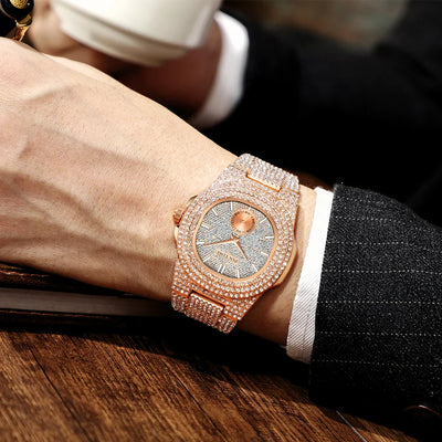 PINTIME Iced Out Quarzuhr für Herren, 3ATM Wasserdicht, Mode Hip Hop Armbanduhr mit CZ Kristallen, Unisex