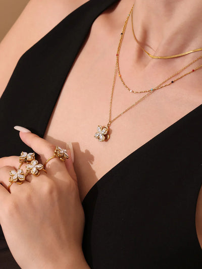Gorgeous Zircon Necklace Earrings Ring Revolving Flower Pendant Gold Plated Chain Stainless Steel Charm Jewelry Gift