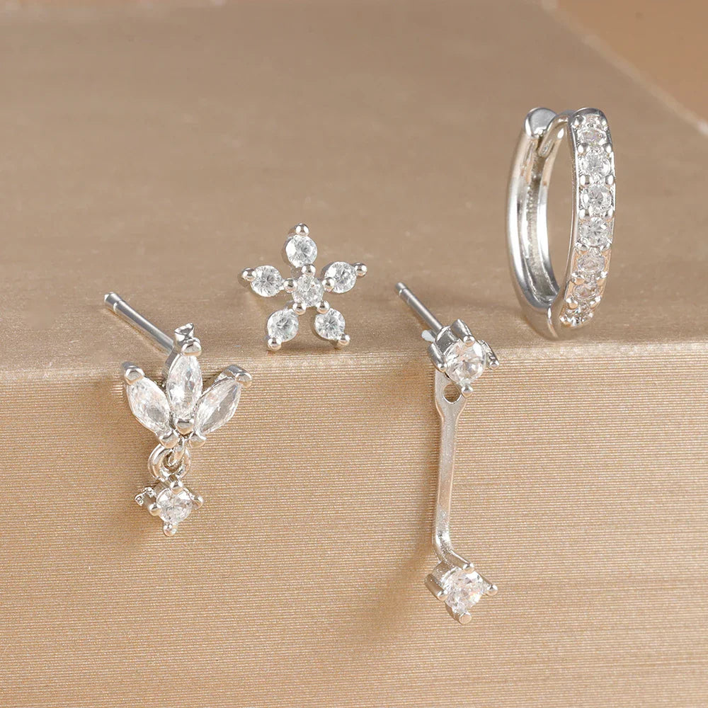 4PCS Stainless Steel Circle Huggie Hoop Earrings Set Gold Color Unique Zircon Flower Stud Earring Piercing Jewelry