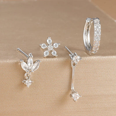 4PCS Stainless Steel Circle Huggie Hoop Earrings Set Gold Color Unique Zircon Flower Stud Earring Piercing Jewelry