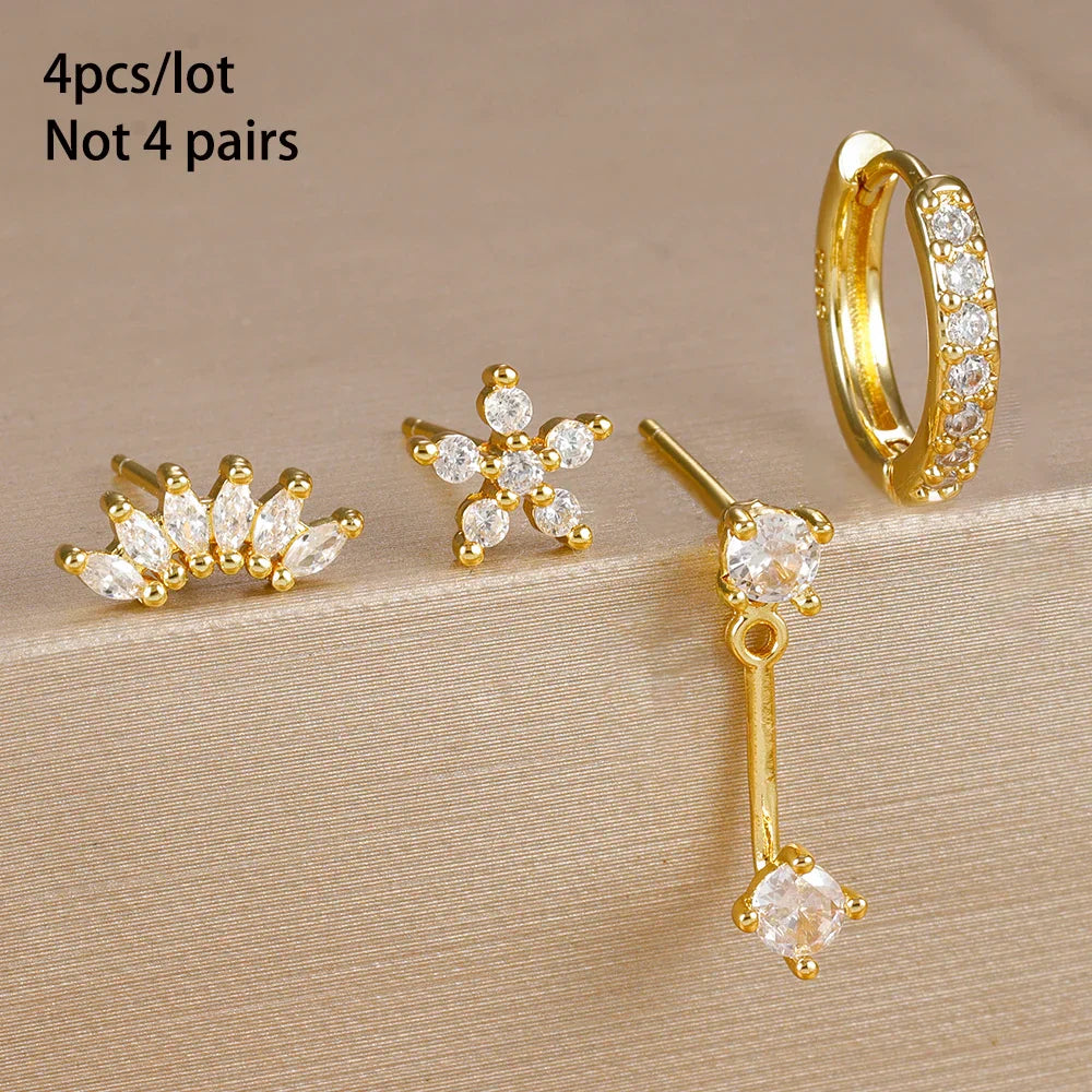 4PCS Stainless Steel Circle Huggie Hoop Earrings Set Gold Color Unique Zircon Flower Stud Earring Piercing Jewelry