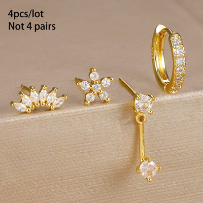 4PCS Stainless Steel Circle Huggie Hoop Earrings Set Gold Color Unique Zircon Flower Stud Earring Piercing Jewelry