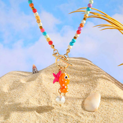 Boho Halskette mit bunten Perlen & Meeres-Charme – Fisch & Seestern Anhänger