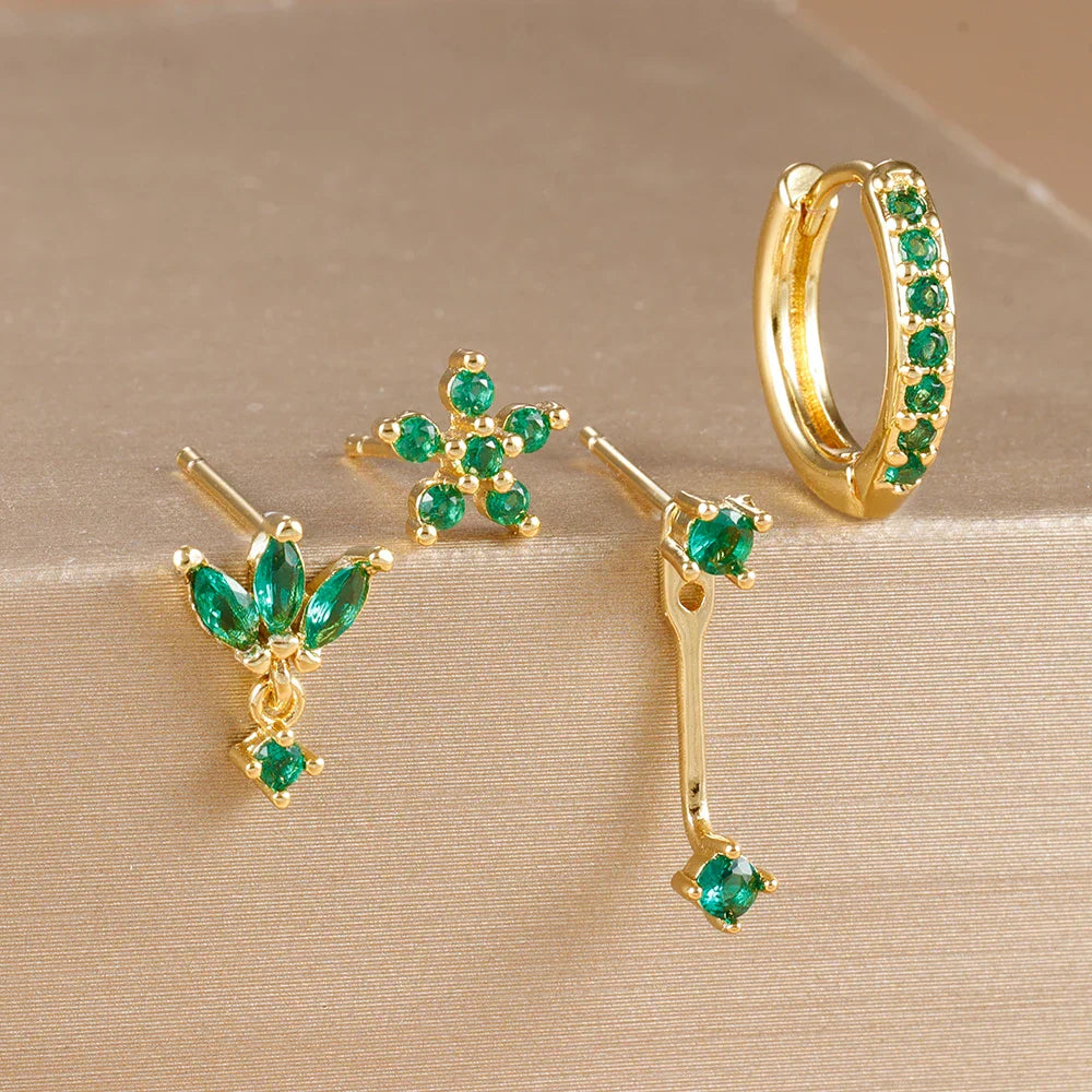 4PCS Stainless Steel Circle Huggie Hoop Earrings Set Gold Color Unique Zircon Flower Stud Earring Piercing Jewelry