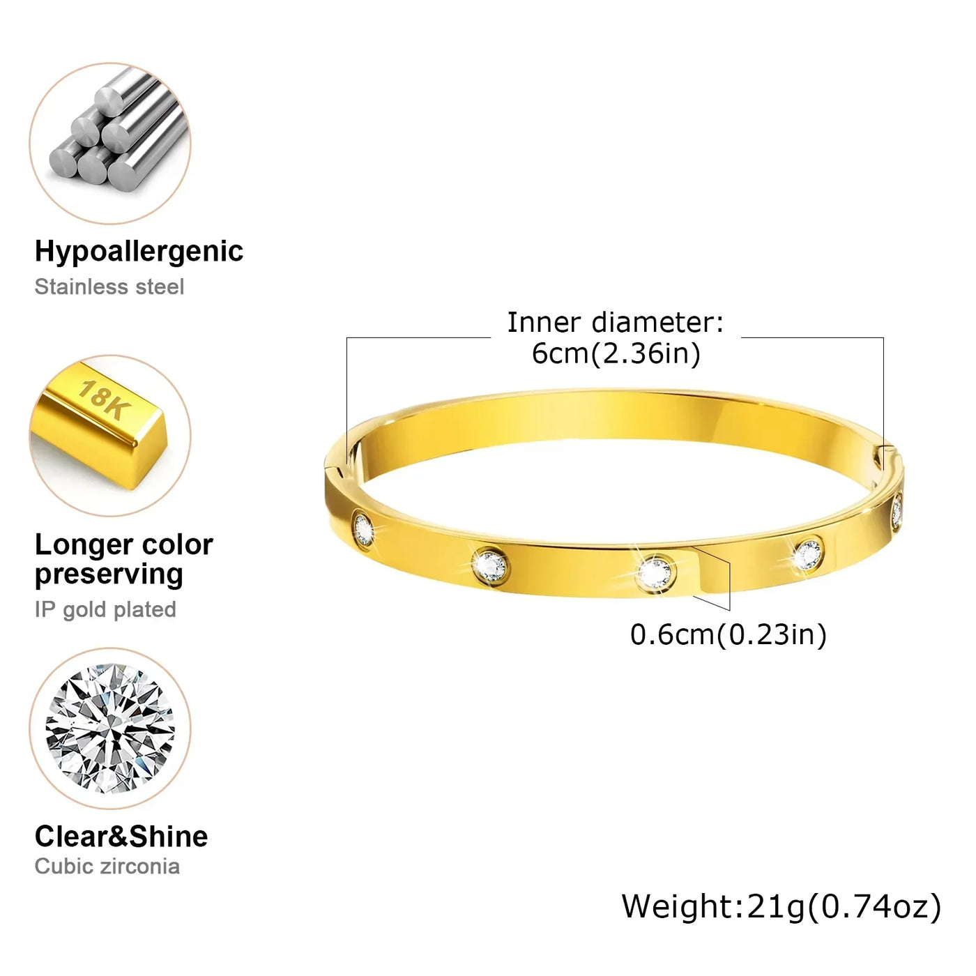 Luxurious Cubic Zircon Openable Bracelet ,Stainless Steel Round Bangle Bracelets,Charm Jewelry Gifts – Armband