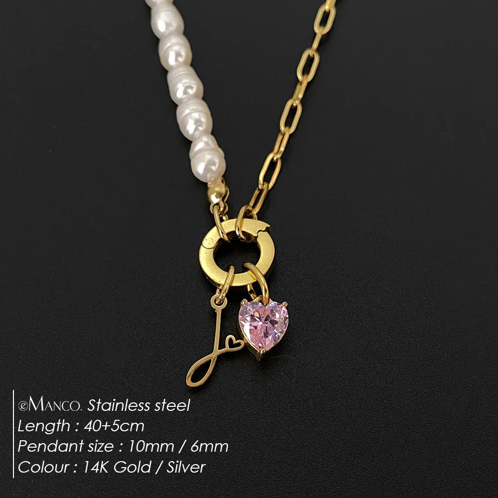 eManco Natural Freshwater Pearl Heart Stainless Steel Cubic Zirconia Pendant Necklace Aesthetic Luxury Chain Jewelry Gift – Halskette