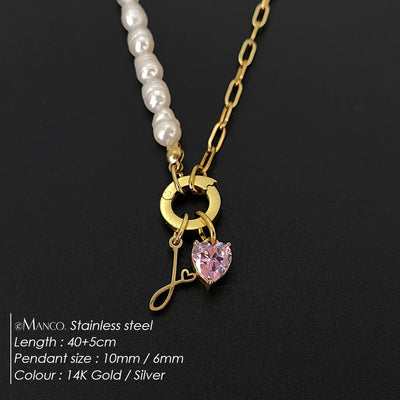 eManco Natural Freshwater Pearl Heart Stainless Steel Cubic Zirconia Pendant Necklace Aesthetic Luxury Chain Jewelry Gift – Halskette