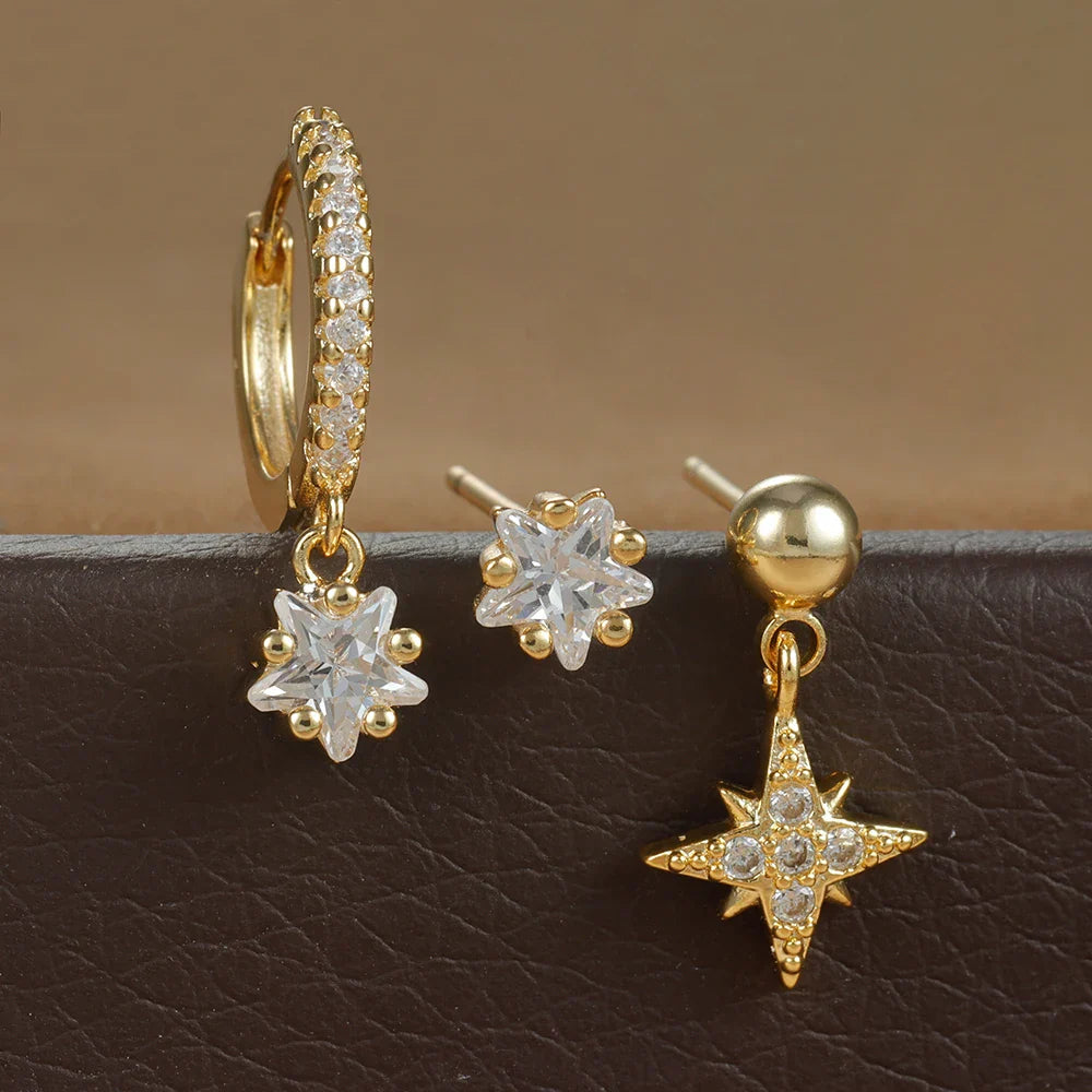 3PCS Gold Color Star Earrings Set Zircon Pendant Stainless Steel Hoop Earring Trend Wedding Jewelry pendientes mujer
