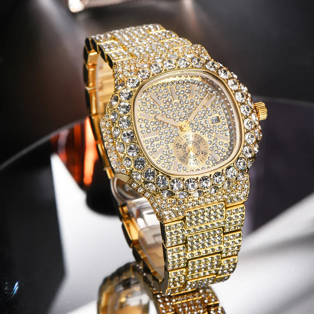 Luxus "Iced Out" Quarz-Armbanduhr für Herren – Edelstahl, Stoßfest, Wasserdicht