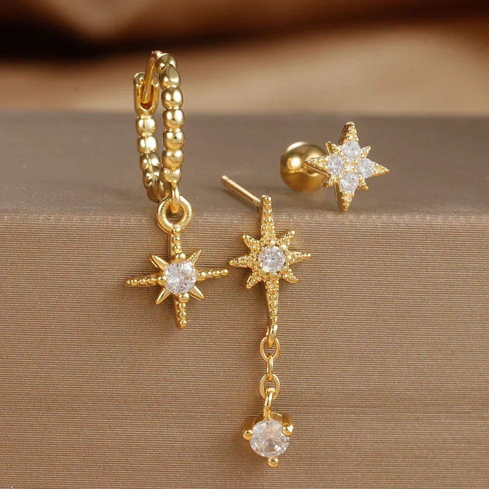 3PCS Gold Color Star Earrings Set Zircon Pendant Stainless Steel Hoop Earring Trend Wedding Jewelry pendientes mujer