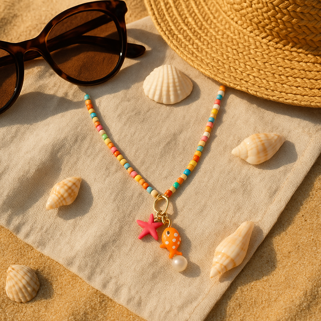 Boho Halskette mit bunten Perlen & Meeres-Charme – Fisch & Seestern Anhänger