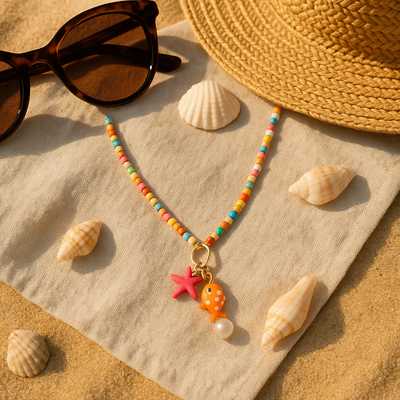 Boho Halskette mit bunten Perlen & Meeres-Charme – Fisch & Seestern Anhänger
