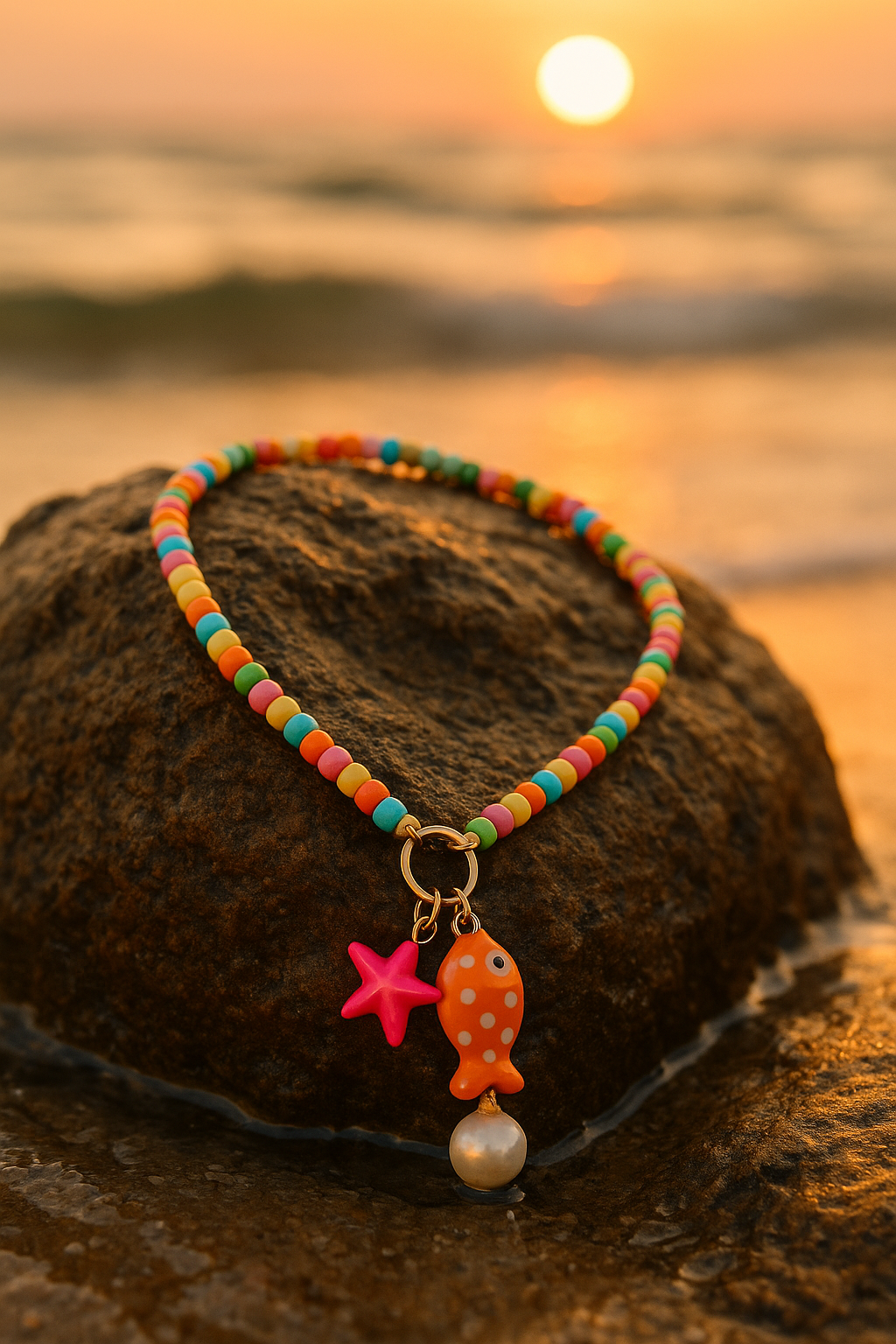 Boho Halskette mit bunten Perlen & Meeres-Charme – Fisch & Seestern Anhänger
